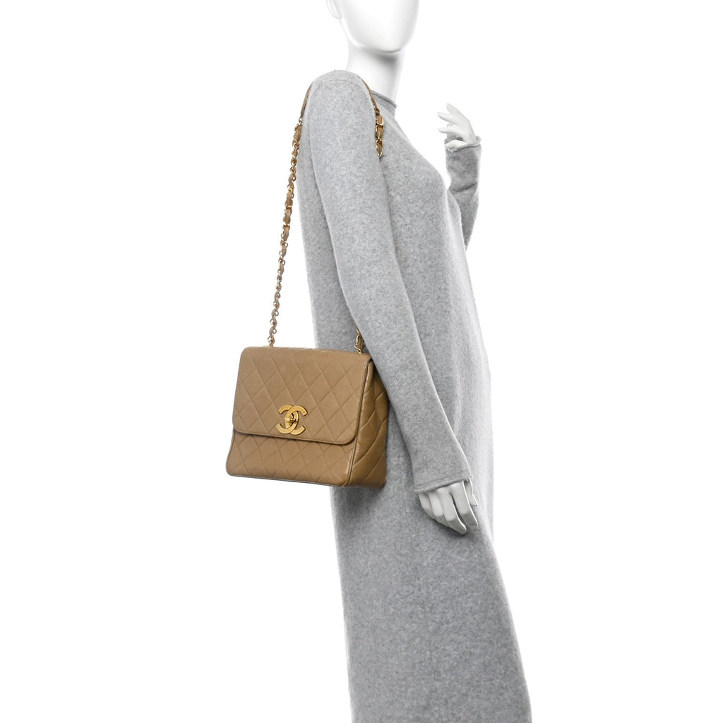 Lambskin Quilted Medium Square Flap Bag Beige