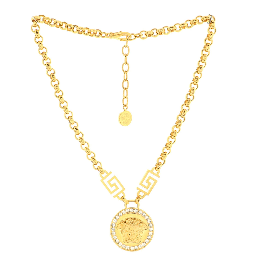 Medusa Round Pendant Necklace Metal and Crystals Small