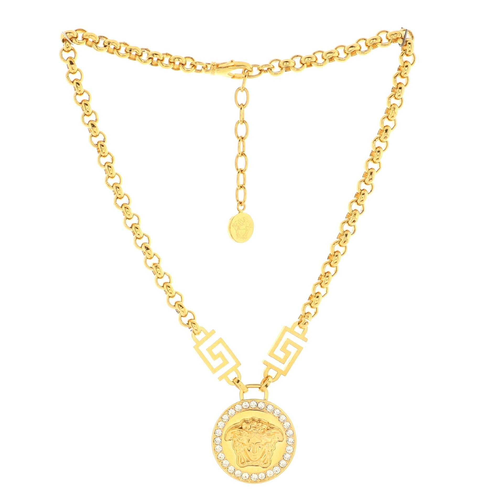 Medusa Round Pendant Necklace Metal and Crystals Small