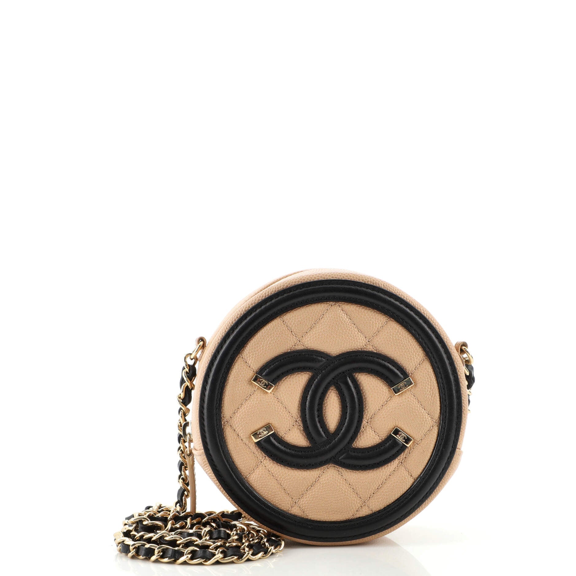 Filigree Round Clutch with Chain Quilted Caviar Mini