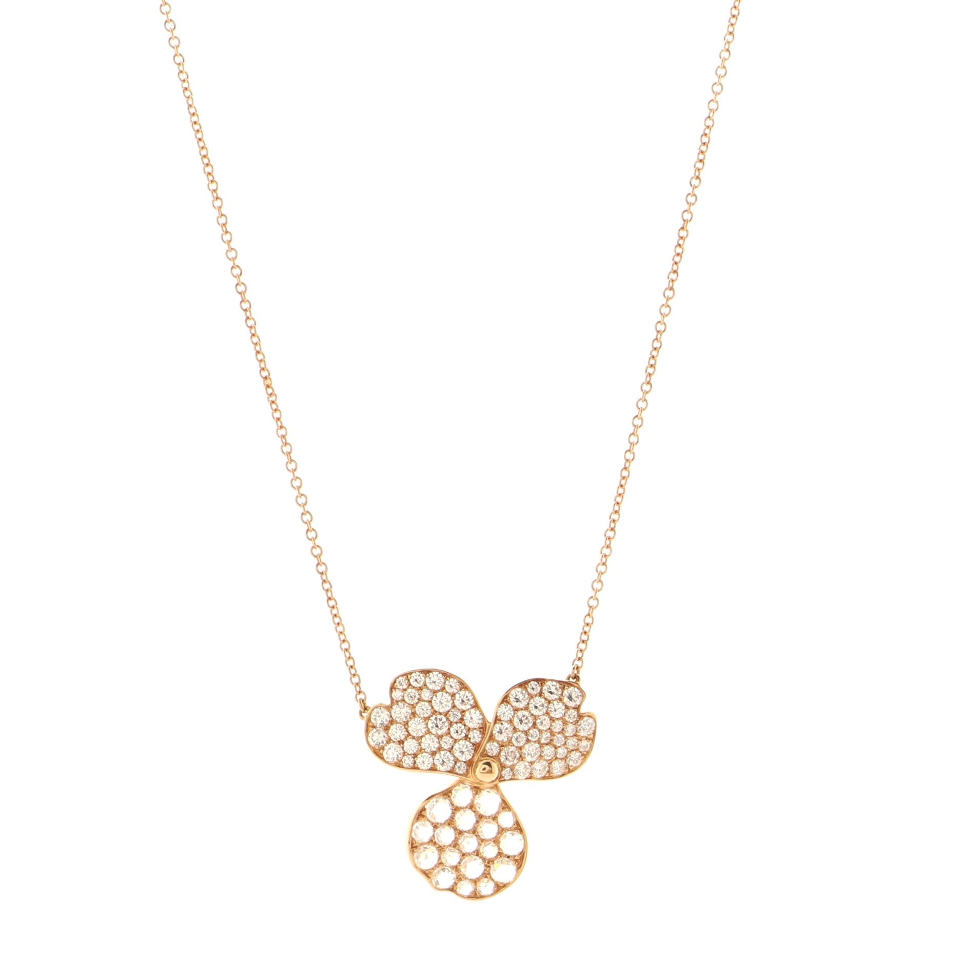 Paper Flowers Pendant Necklace 18K Rose Gold with Pave Diamonds Large