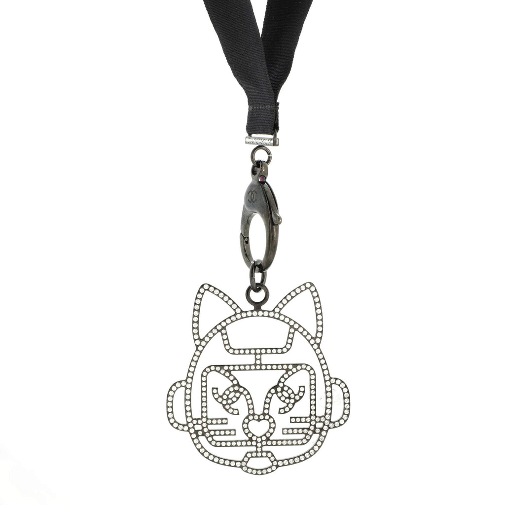 Cat Robot Lanyard Necklace Grosgrain with Crystal Embellished Metal