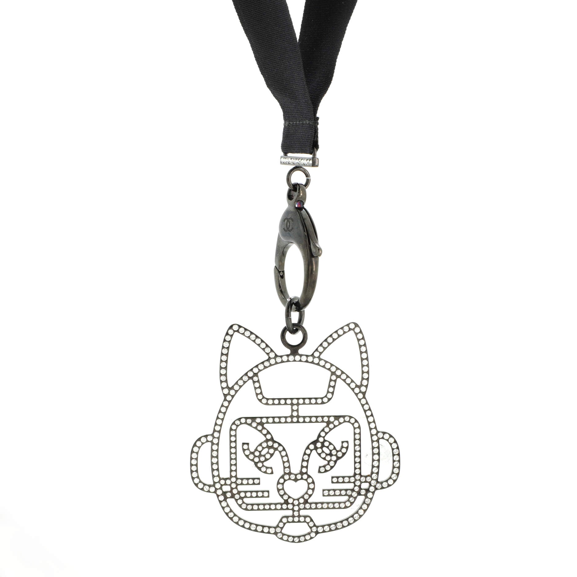 Cat Robot Lanyard Necklace Grosgrain with Crystal Embellished Metal