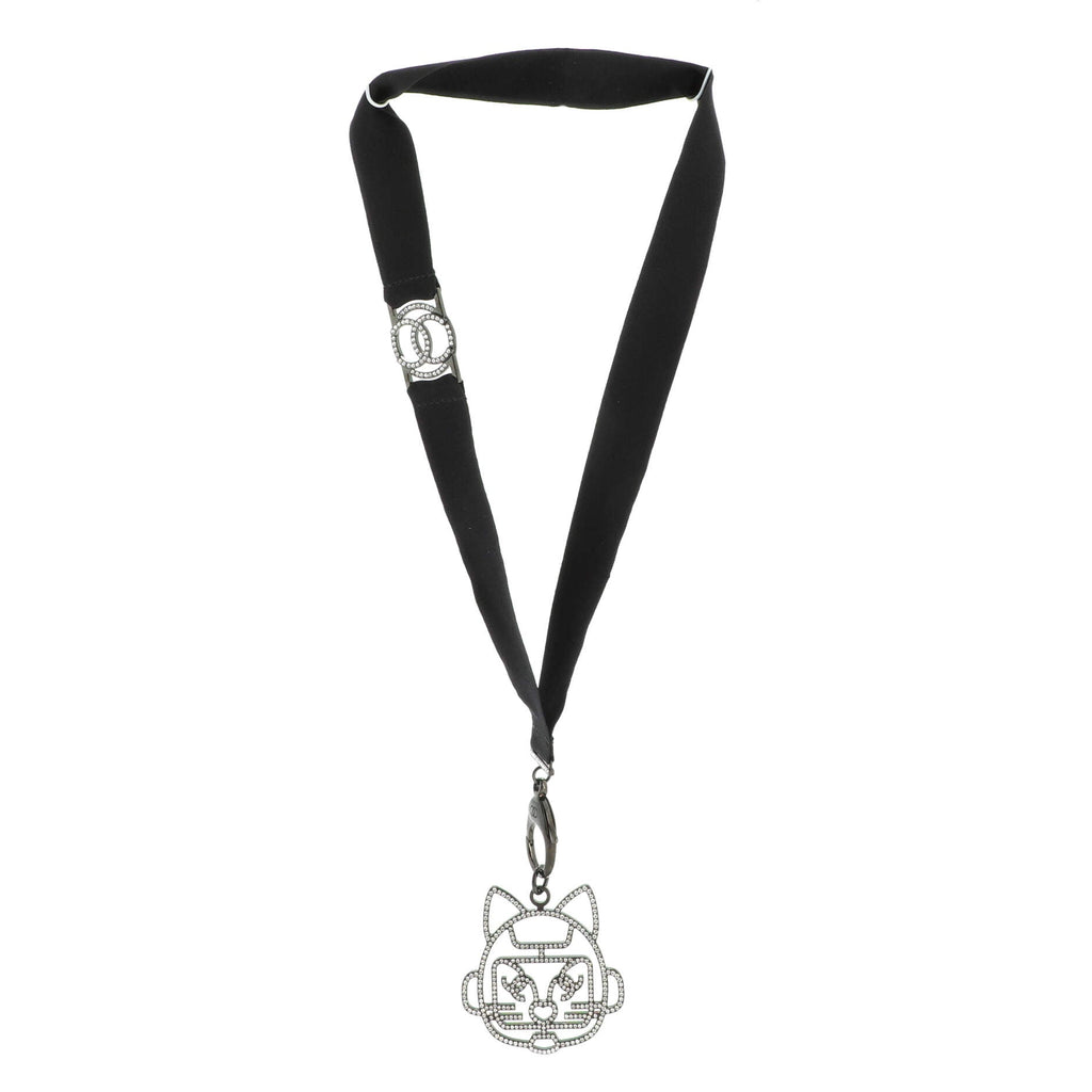 Cat Robot Lanyard Necklace Grosgrain with Crystal Embellished Metal