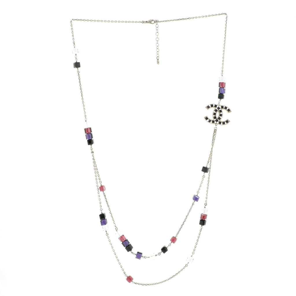 CC Cube Station Long Necklace Metal with Crystals