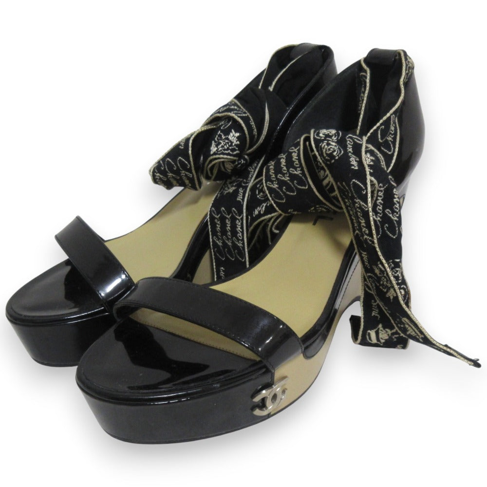 Chanel Patented Leather Platform Ribbon Ankle Strap Sandals
