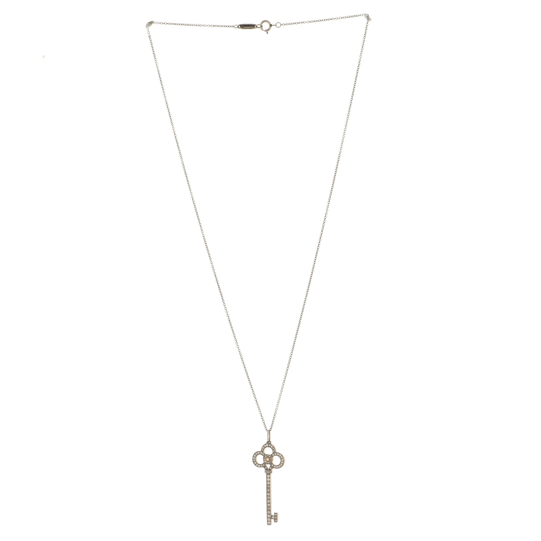 Key Pendant Necklace 18K White Gold and Platinum and Diamonds and Pink Diamonds