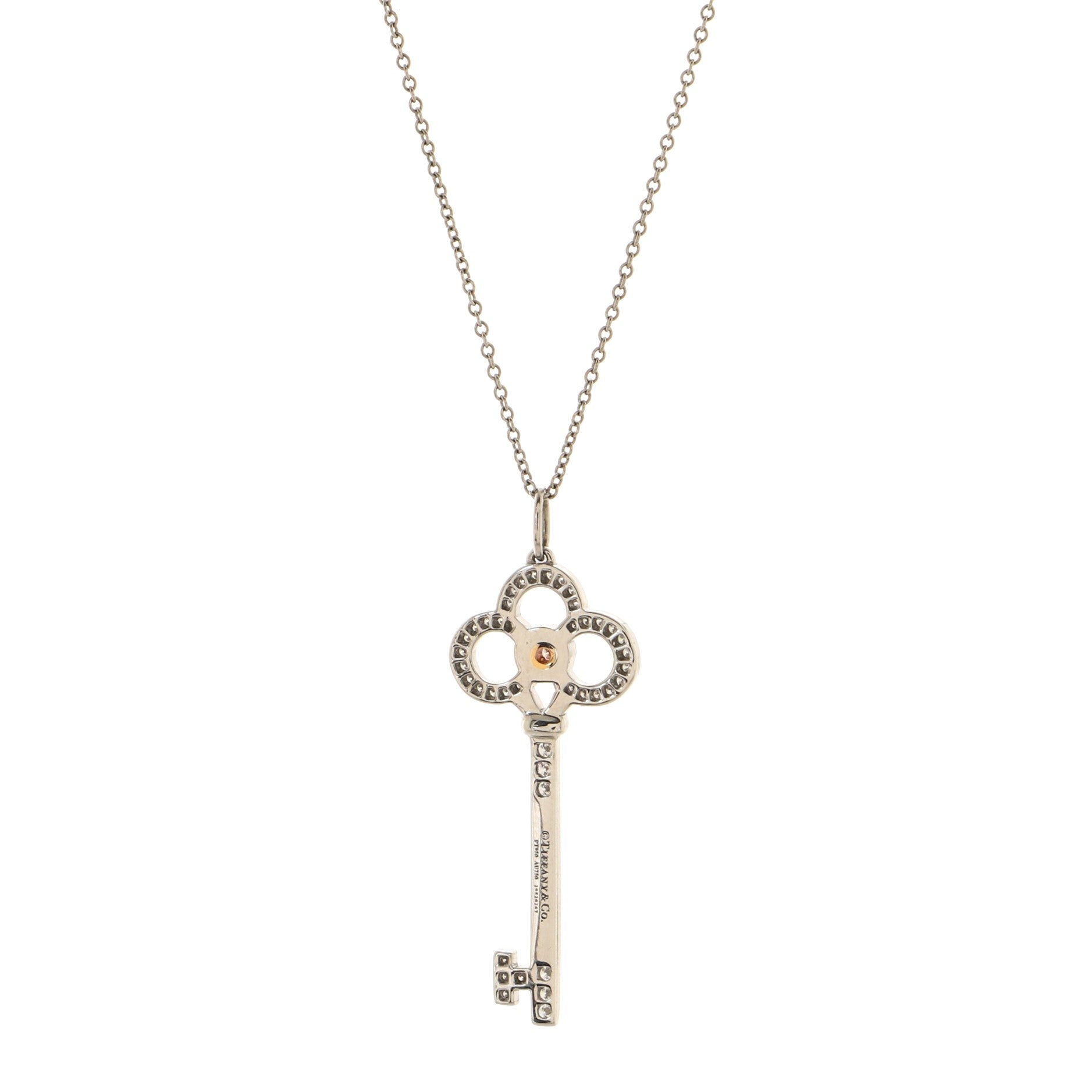 Key Pendant Necklace 18K White Gold and Platinum and Diamonds and Pink Diamonds