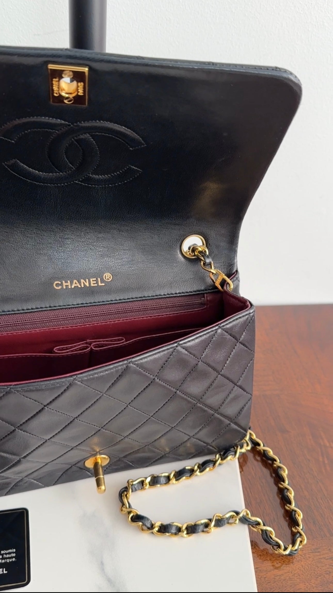 Chanel Vintage 1989 Black Lambskin Leather Full Flap Chain Bag
