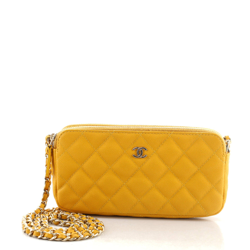 Double Zip Clutch with Chain Quilted Caviar