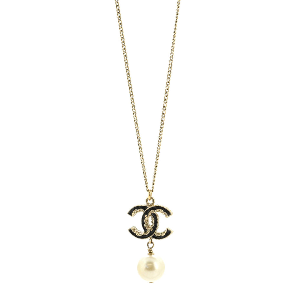 CC Drop Pendant Necklace Metal with Enamel and Faux Pearl
