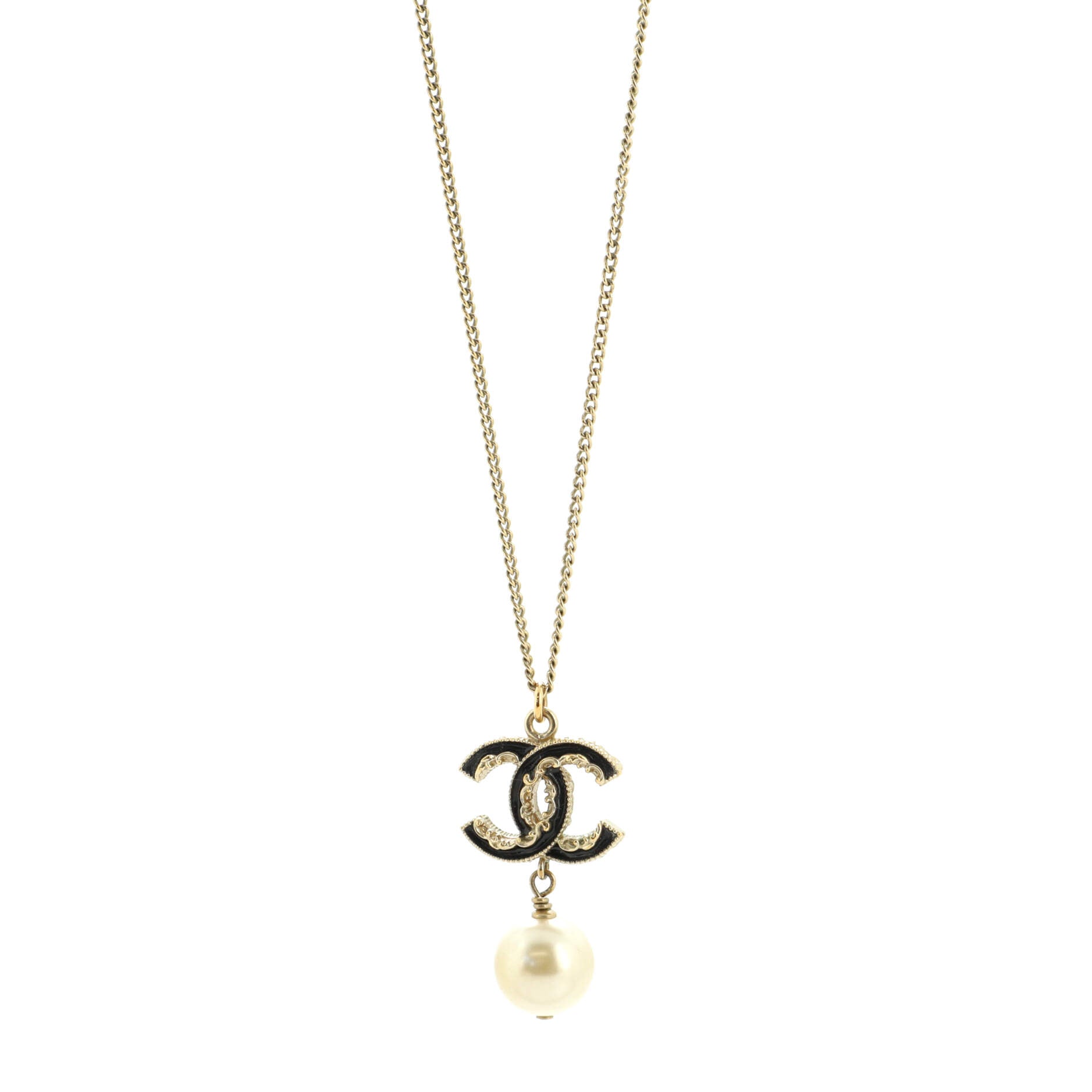 CC Drop Pendant Necklace Metal with Enamel and Faux Pearl