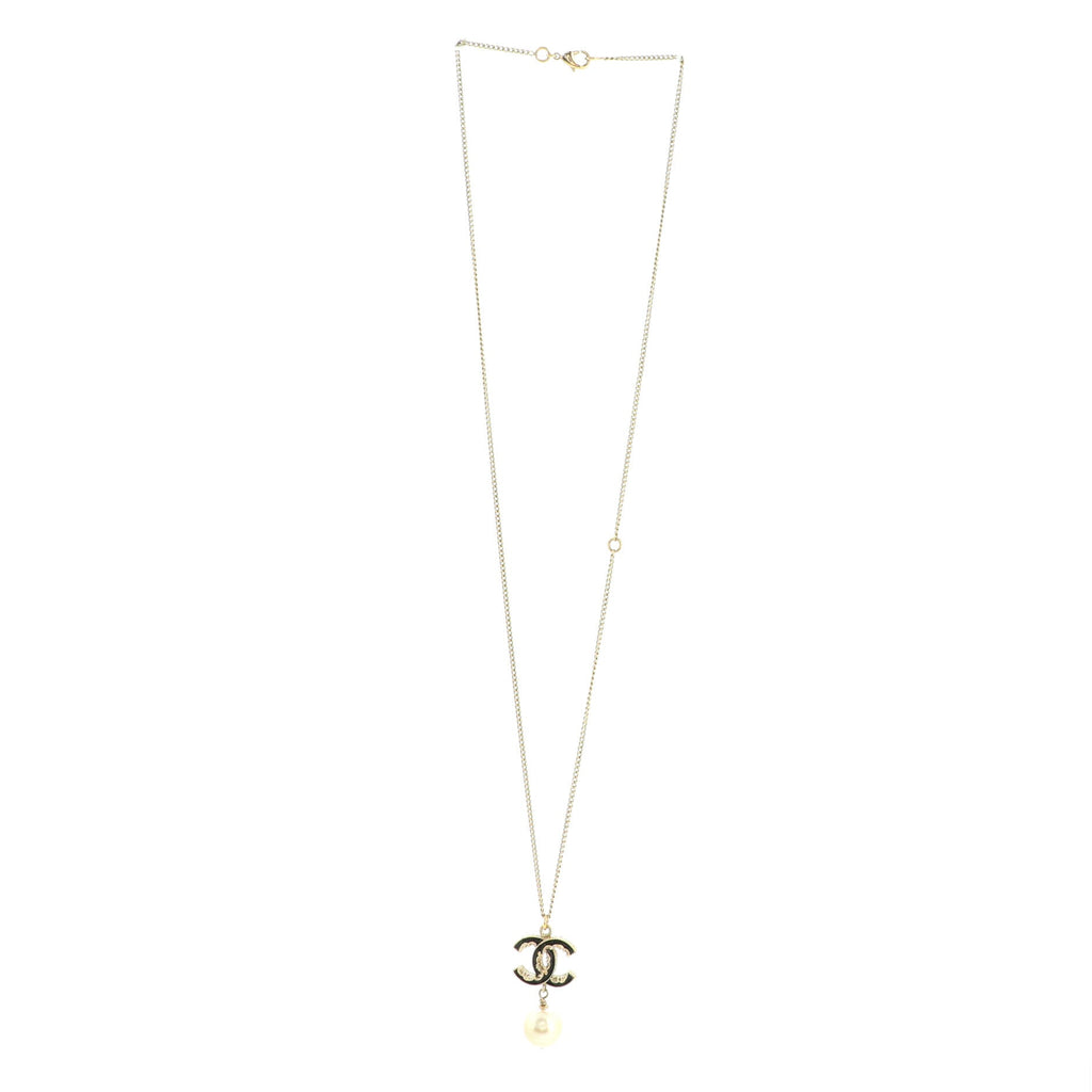 CC Drop Pendant Necklace Metal with Enamel and Faux Pearl