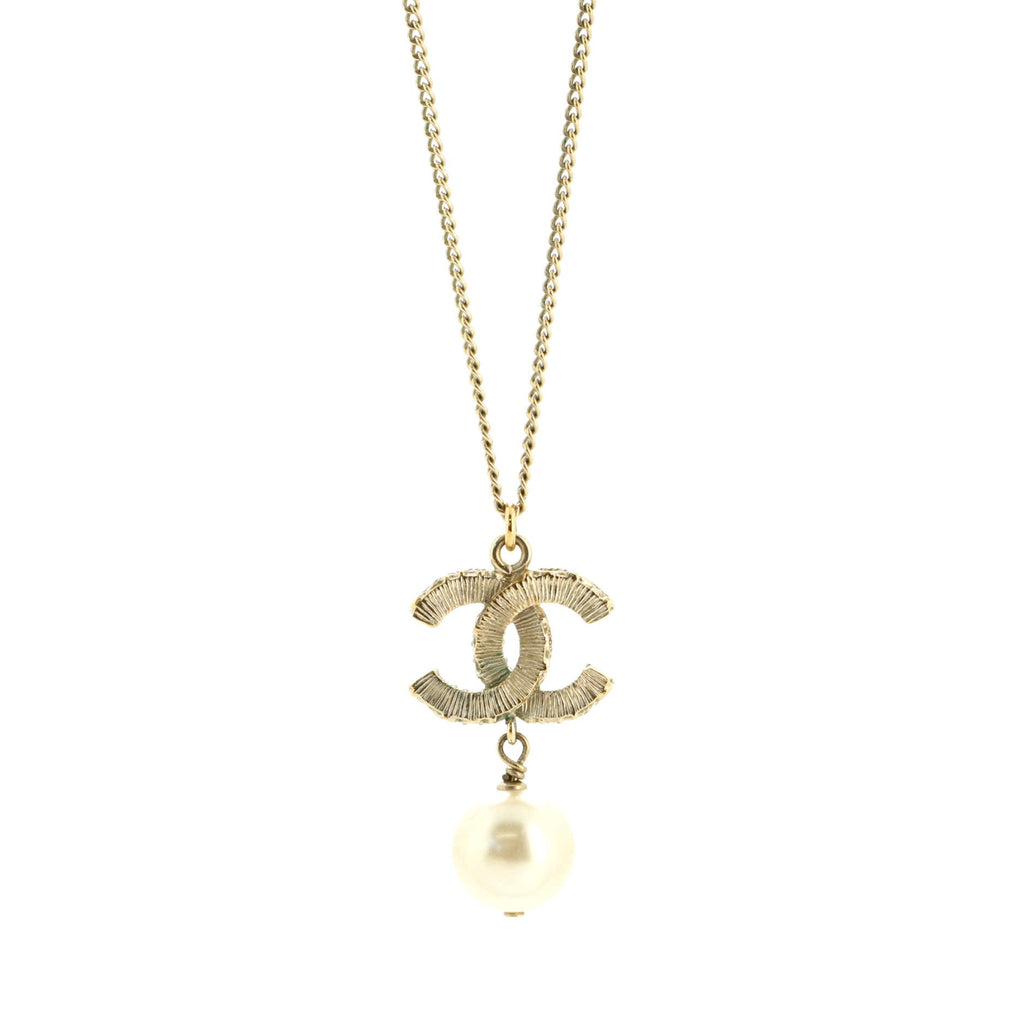 CC Drop Pendant Necklace Metal with Enamel and Faux Pearl