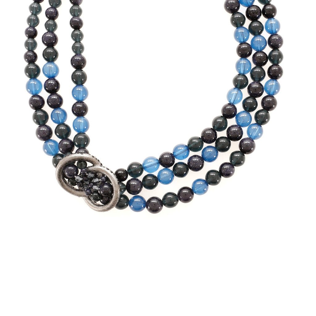 Ring Knot Triple Strand Short Necklace Beads and Metal with Crystals