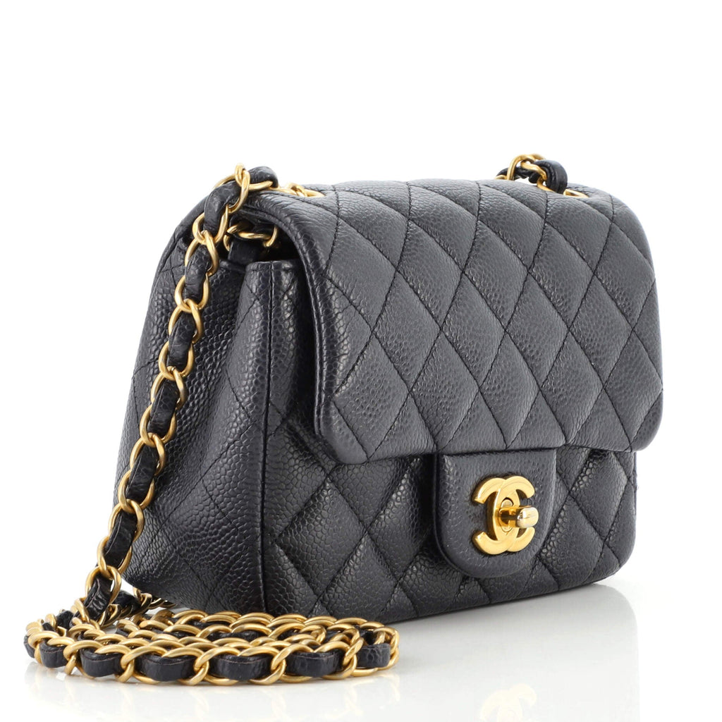 Square Classic Single Flap Bag Quilted Caviar Mini