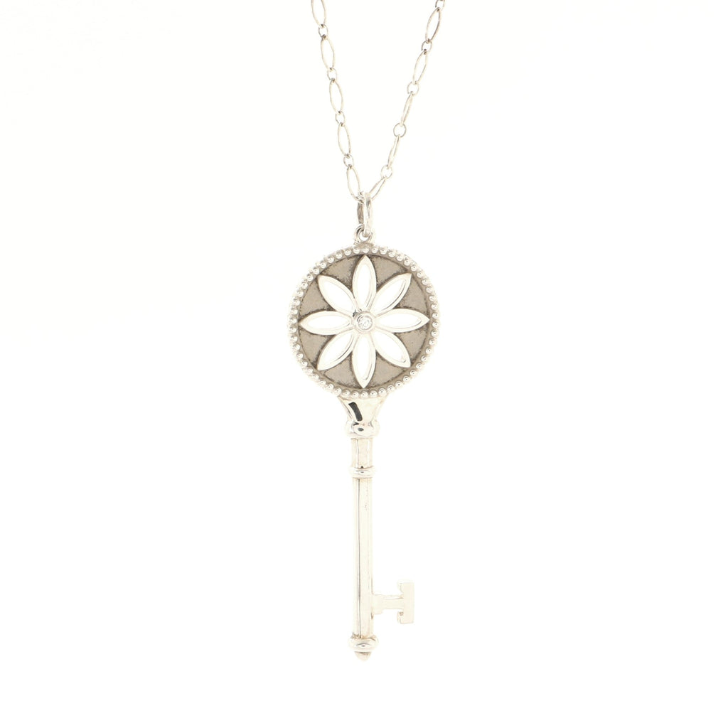 Daisy Key Pendant Necklace Sterling Silver with Diamond Large