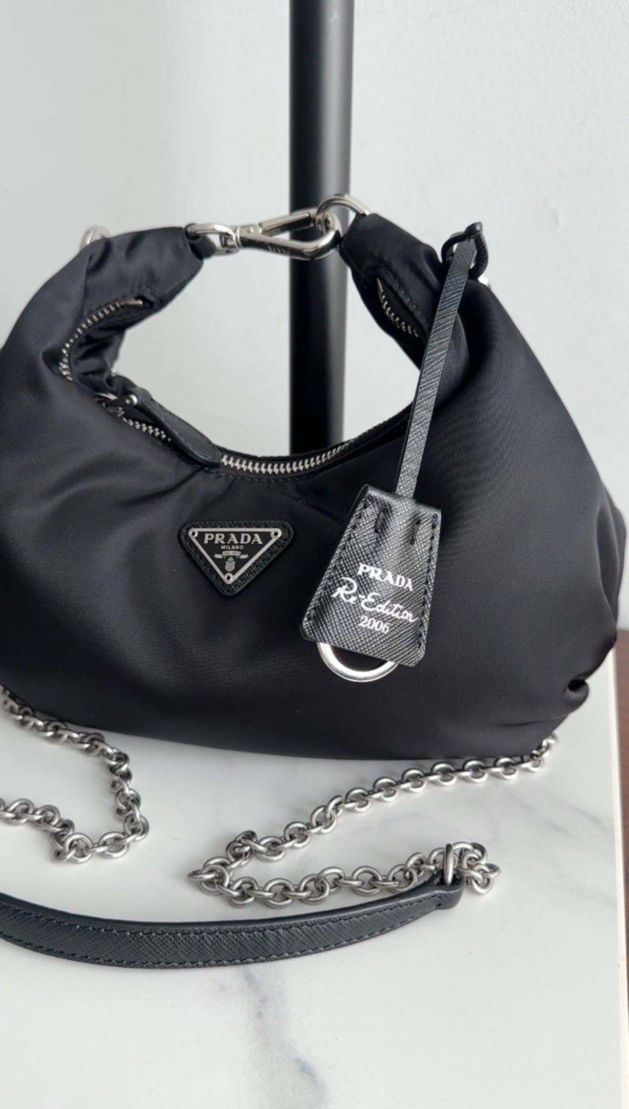 Prada Black Nylon Re-Edition 2006 Chain Hobo Bag