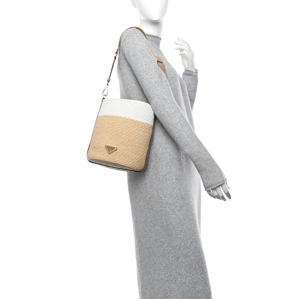 Yarn Raffia Effect Crochet Vitello Logo Bucket Bag Naturale White