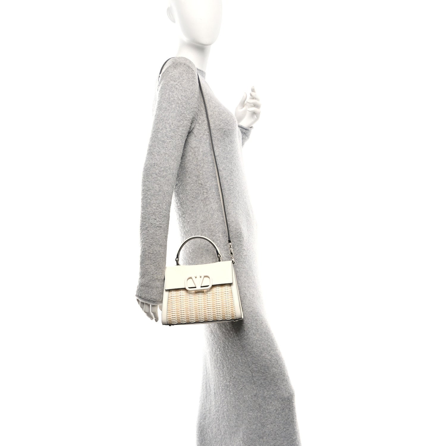Wicker Calfskin Small VSling Top Handle Bag Natural White