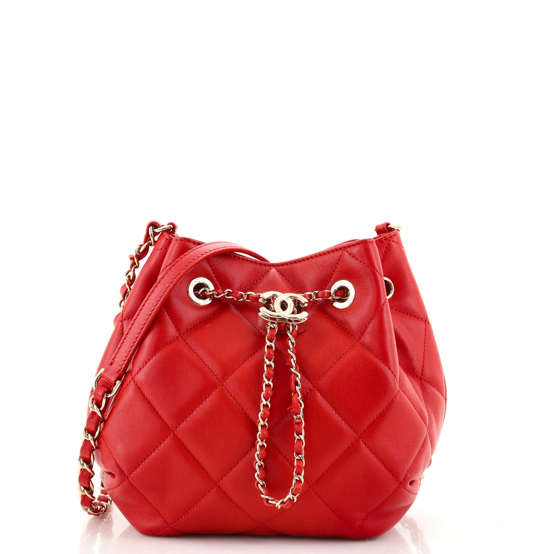 CC Chain Drawstring Bucket Bag Quilted Lambskin Mini
