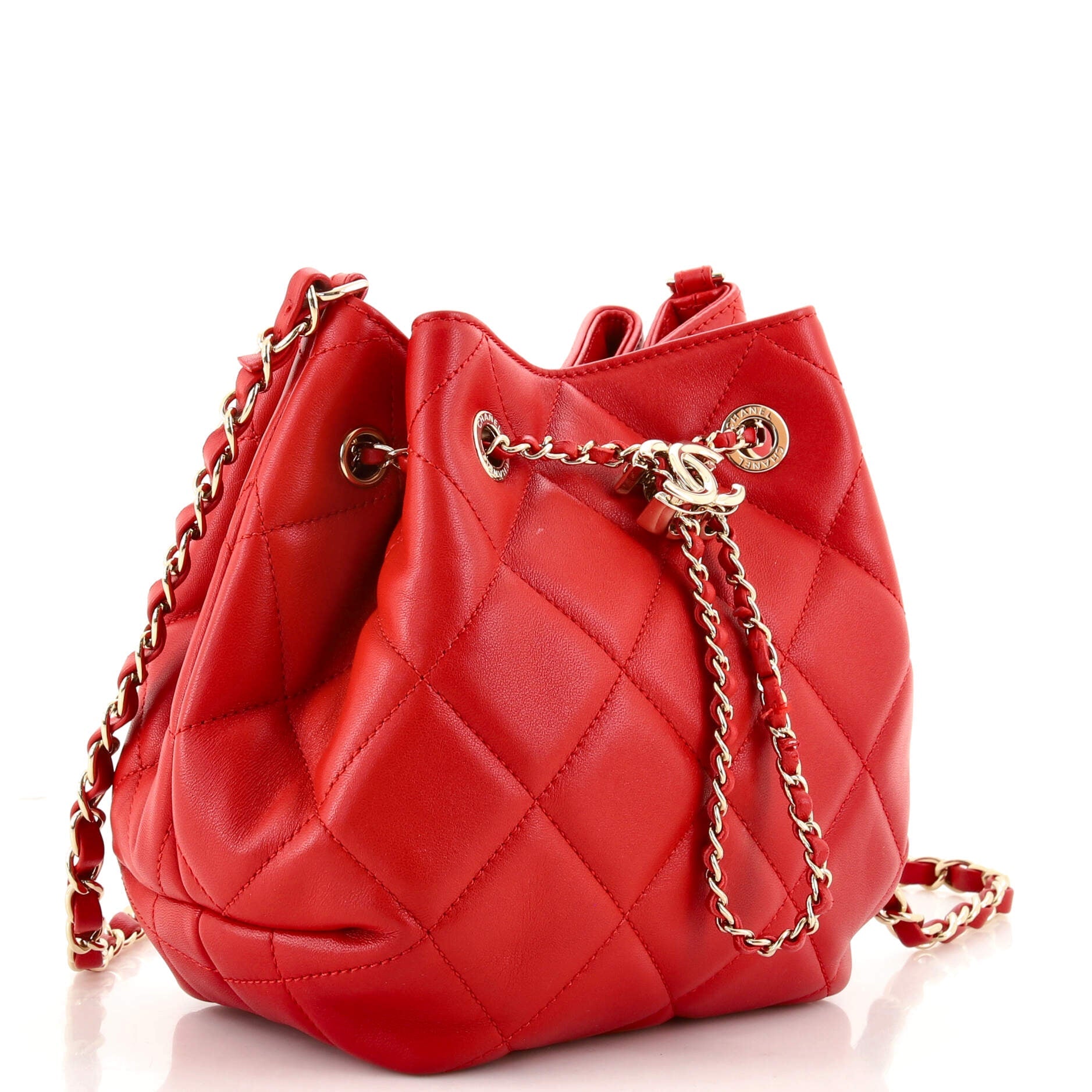 CC Chain Drawstring Bucket Bag Quilted Lambskin Mini