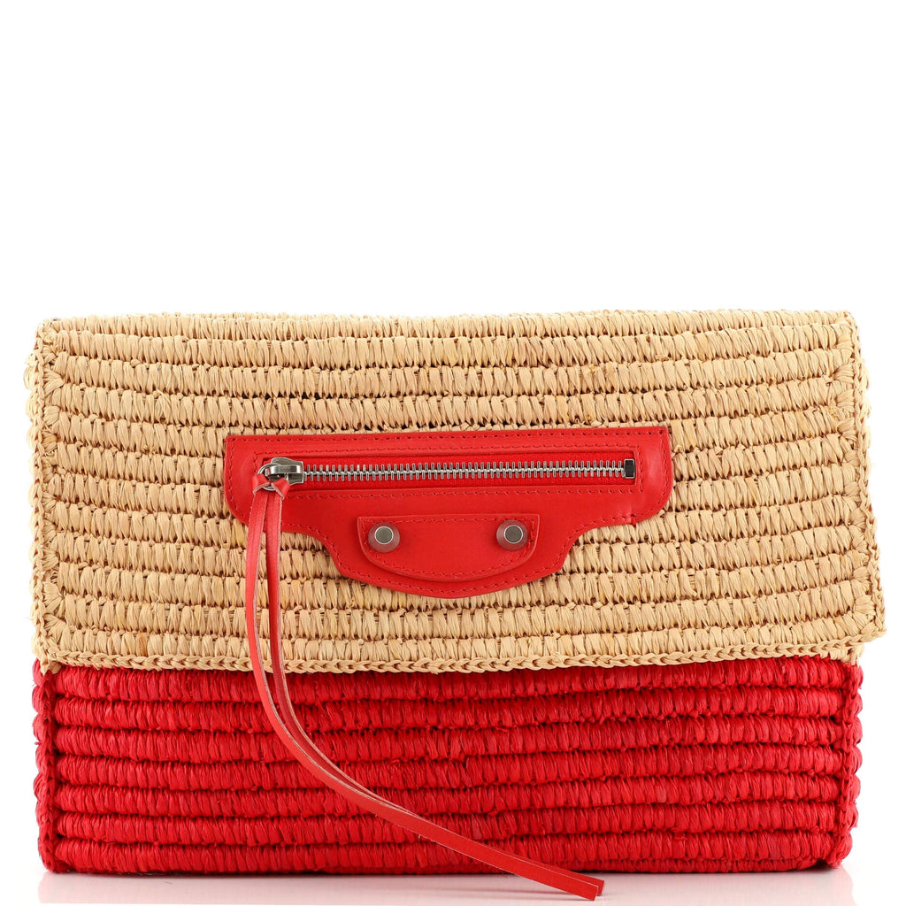 Classic Studs Flap Clutch Woven Raffia