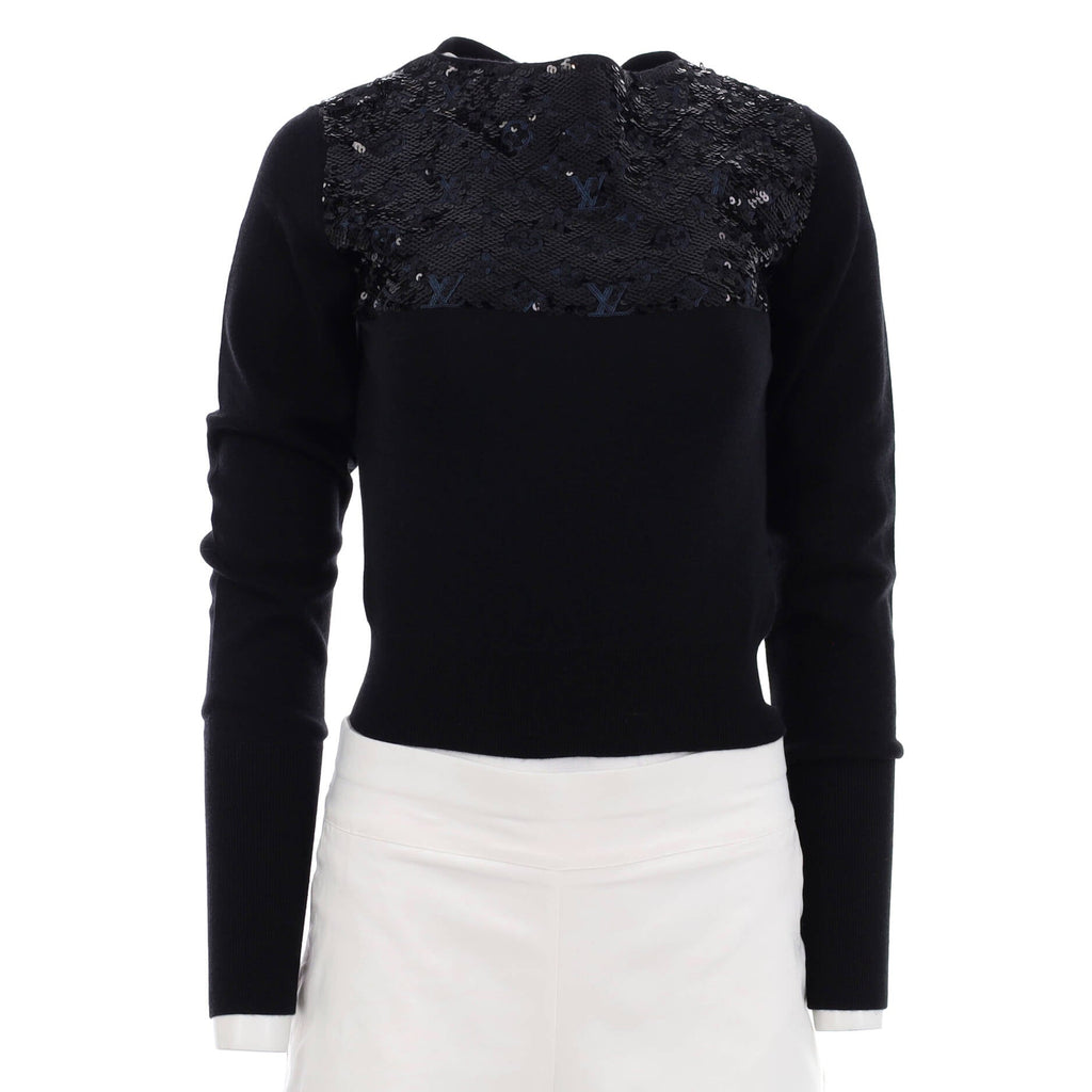 Women's Boat Neck Knit Sweater Cashmere Blend with Monogram Sequins