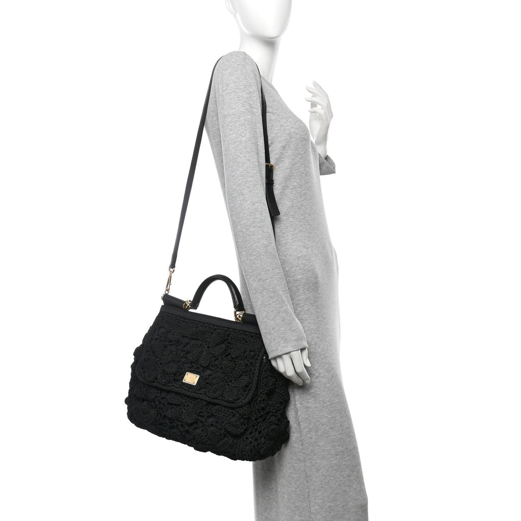 Calfskin Floral Knit Large Miss Sicily Satchel Black