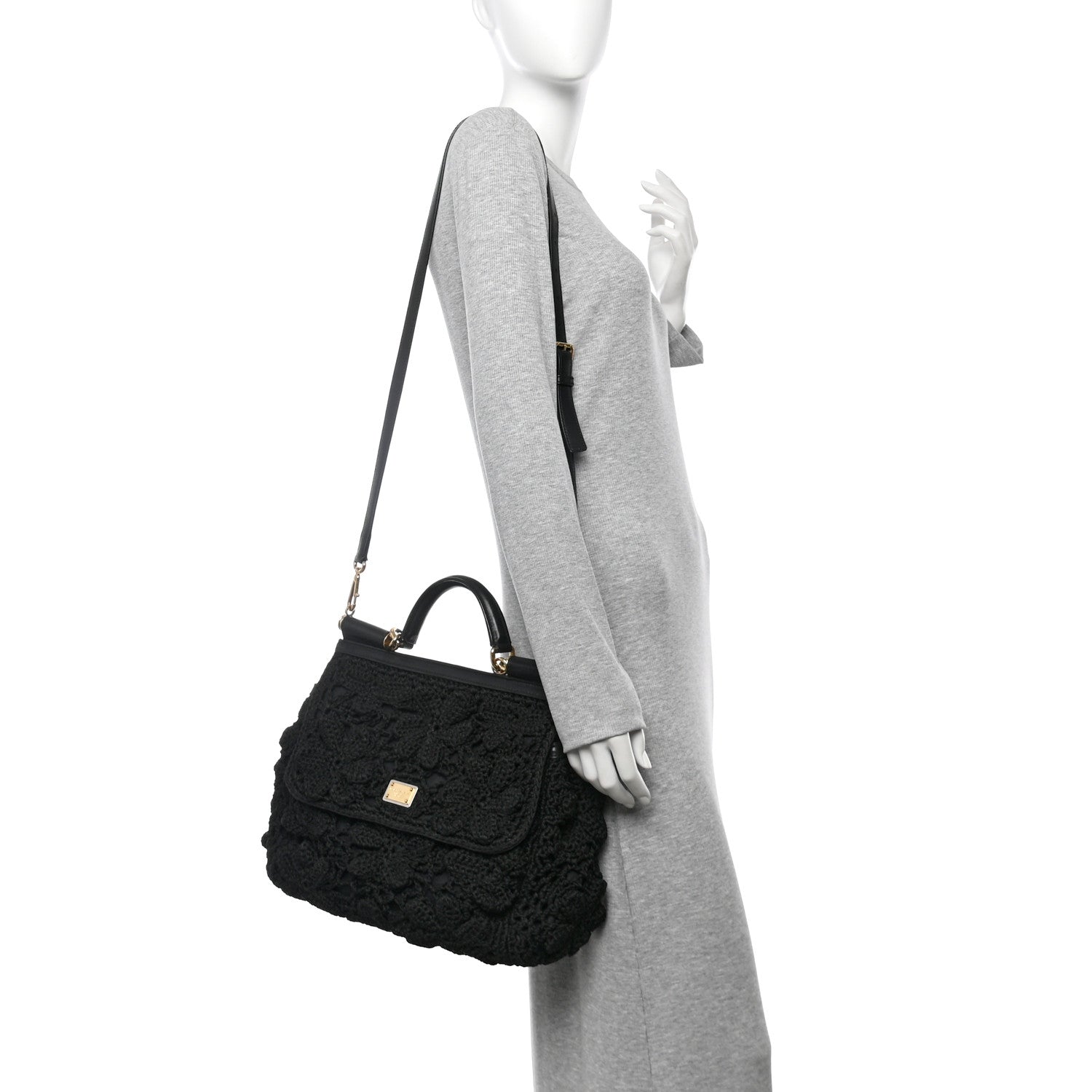 Calfskin Floral Knit Large Miss Sicily Satchel Black