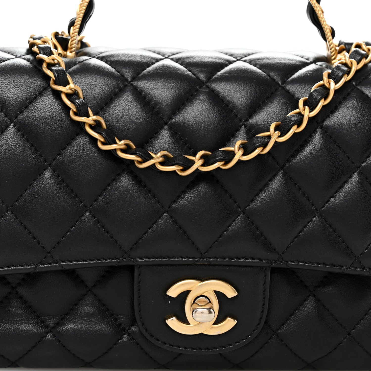 Lambskin Quilted Small Metal Top Handle Flap Black