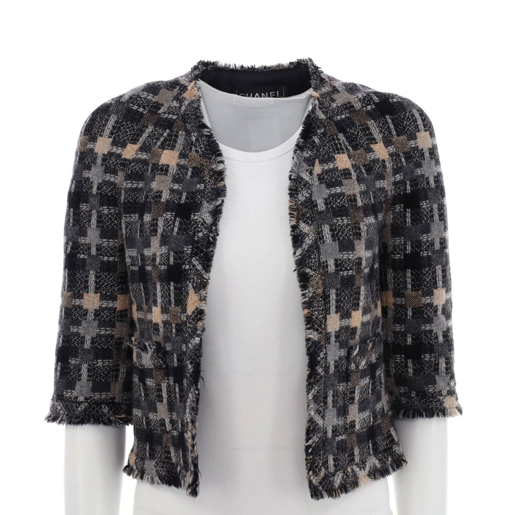 Women's Check Pattern Fringed Cropped Jacket Wool Blend