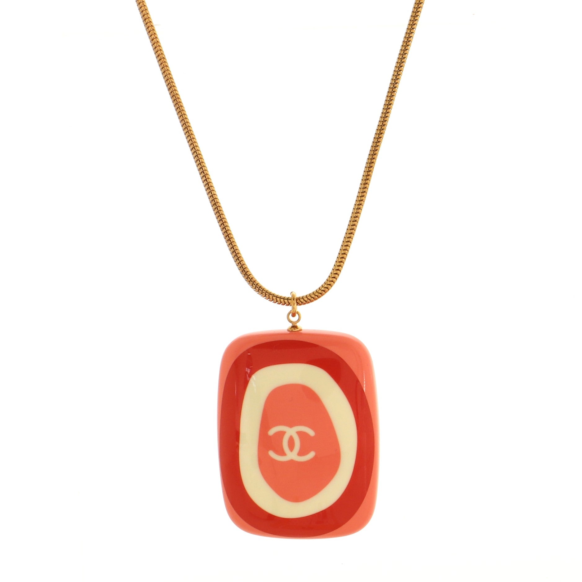 Vintage CC Rectangular Pendant Necklace Metal and Resin
