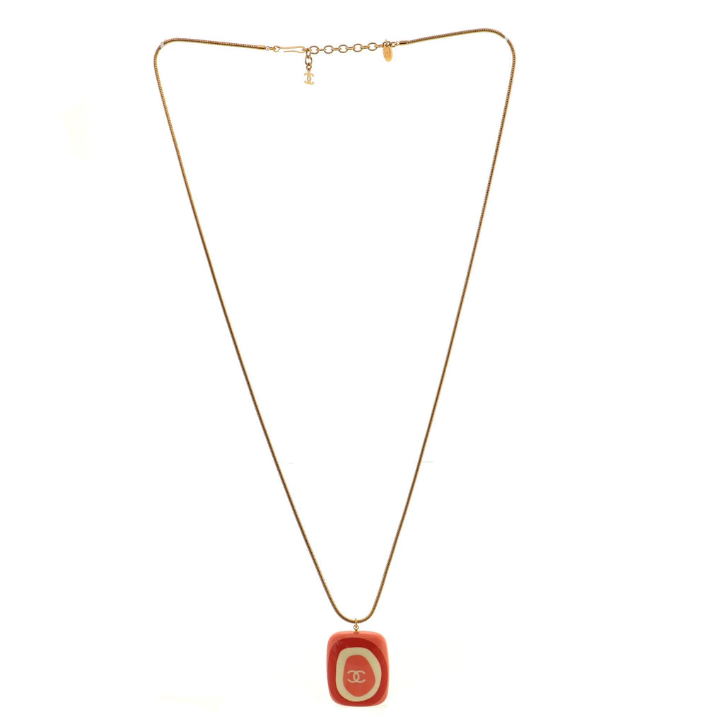 Vintage CC Rectangular Pendant Necklace Metal and Resin