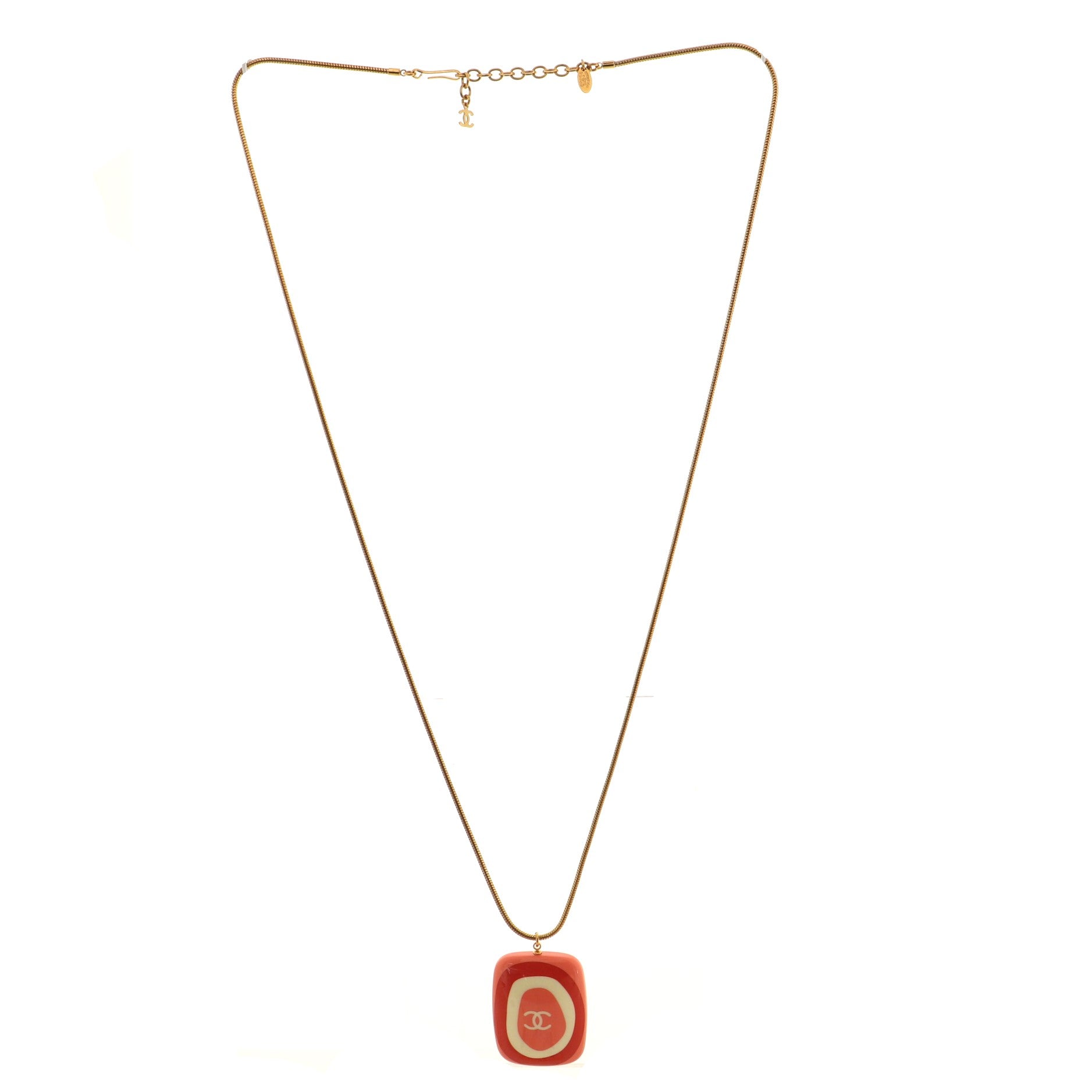 Vintage CC Rectangular Pendant Necklace Metal and Resin