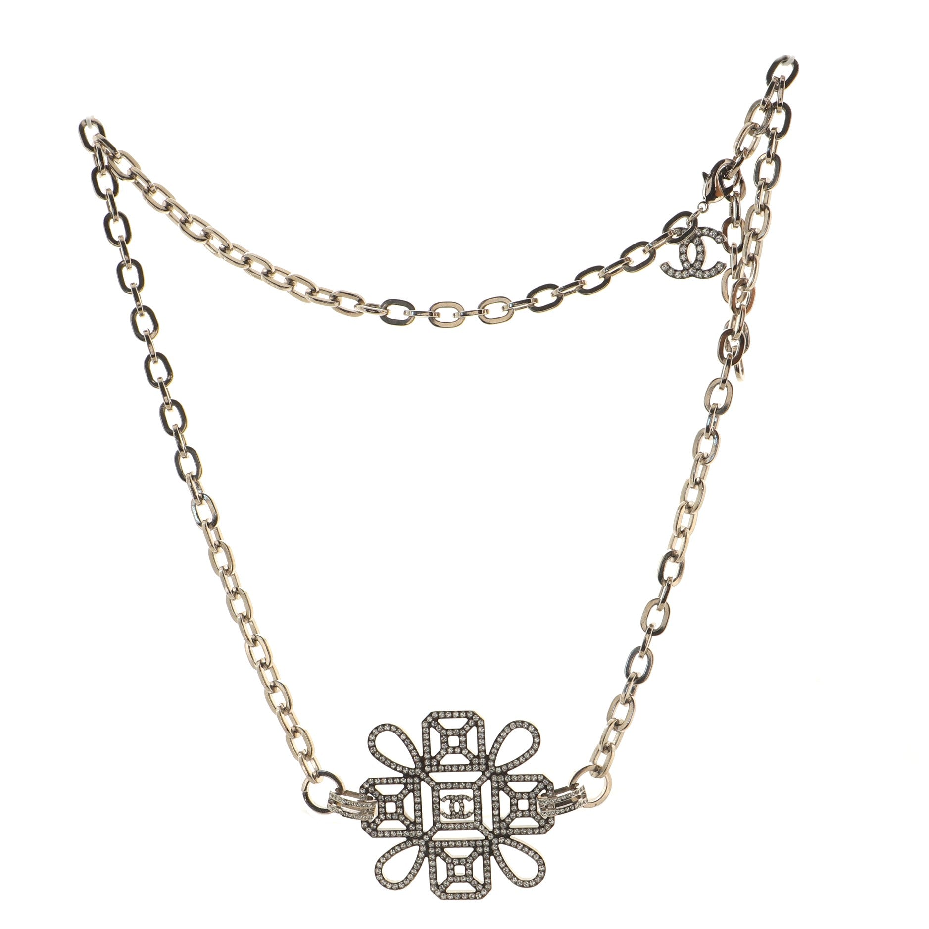 CC Graphic Cluster Chain Necklace Metal with Crystals