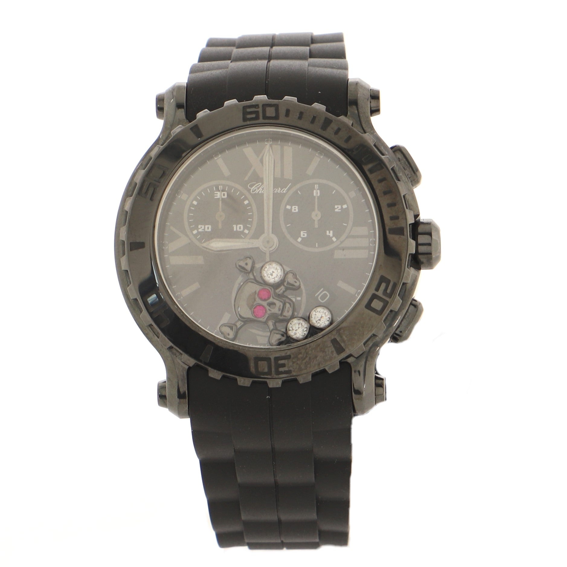 Happy Sport Skull Chronograph Round Quartz Watch PVD Stainless Steel and Rubber with Floating Diamonds and Sapphires 42