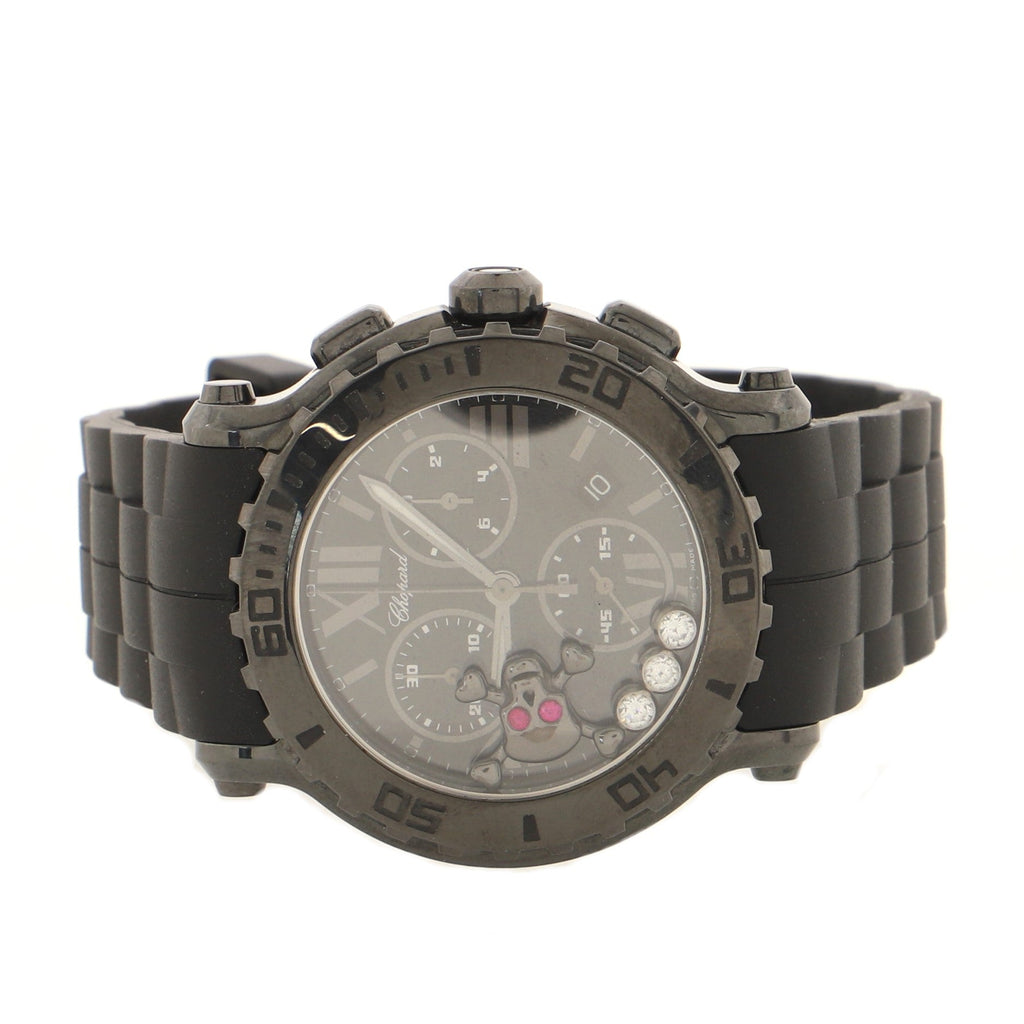 Happy Sport Skull Chronograph Round Quartz Watch PVD Stainless Steel and Rubber with Floating Diamonds and Sapphires 42