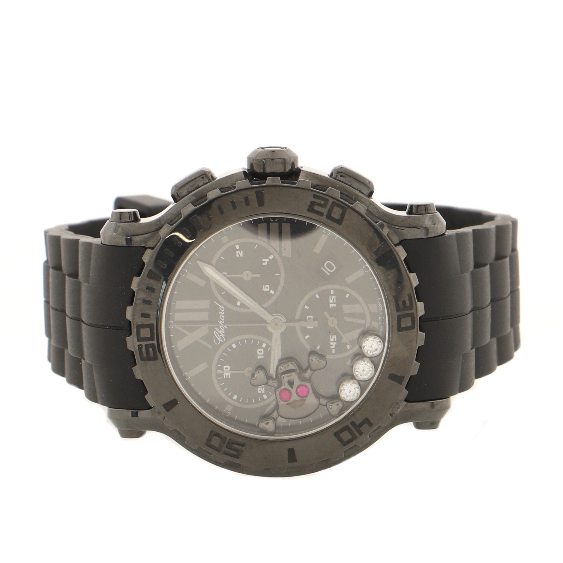 Happy Sport Skull Chronograph Round Quartz Watch PVD Stainless Steel and Rubber with Floating Diamonds and Sapphires 42