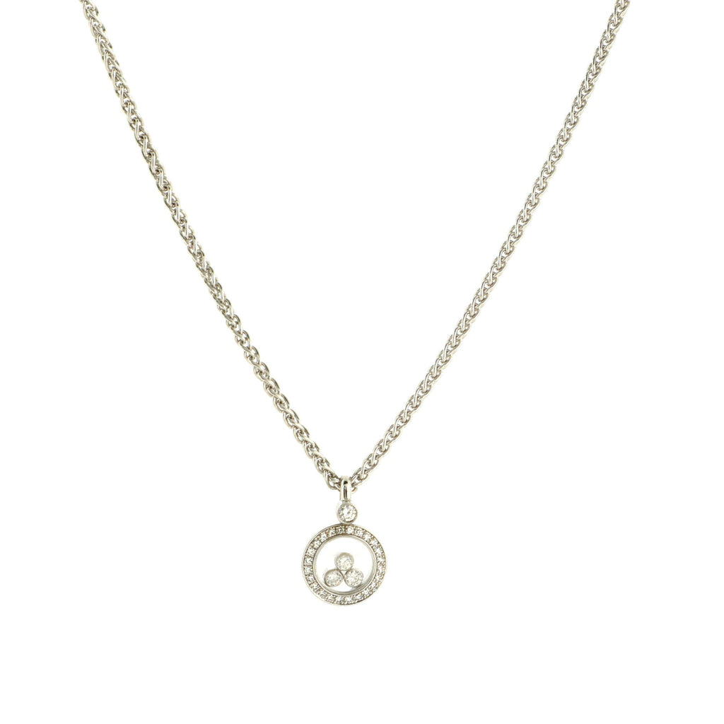 Happy 3 Diamonds Circle Pendant Necklace 18K White Gold and Floating Diamonds