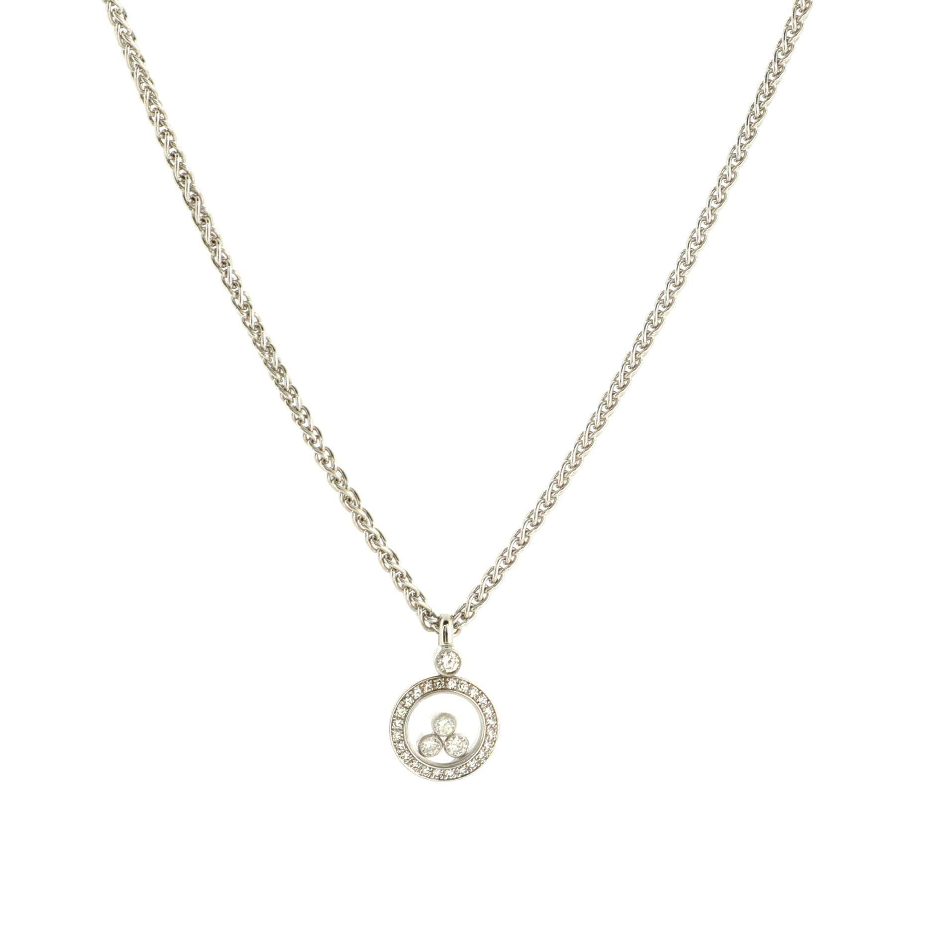 Happy 3 Diamonds Circle Pendant Necklace 18K White Gold and Floating Diamonds
