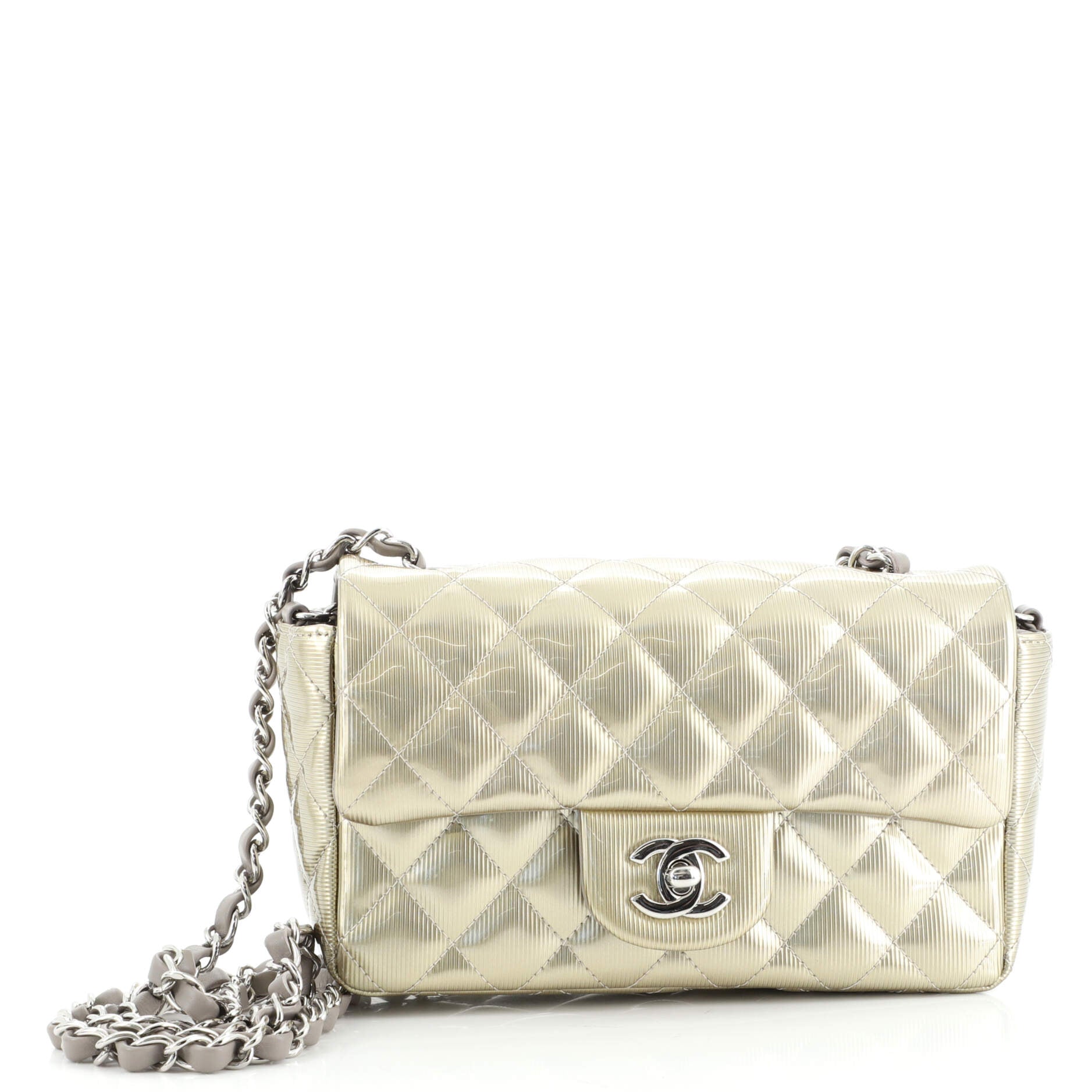 Classic Single Flap Bag Quilted Striated Metallic Patent Mini