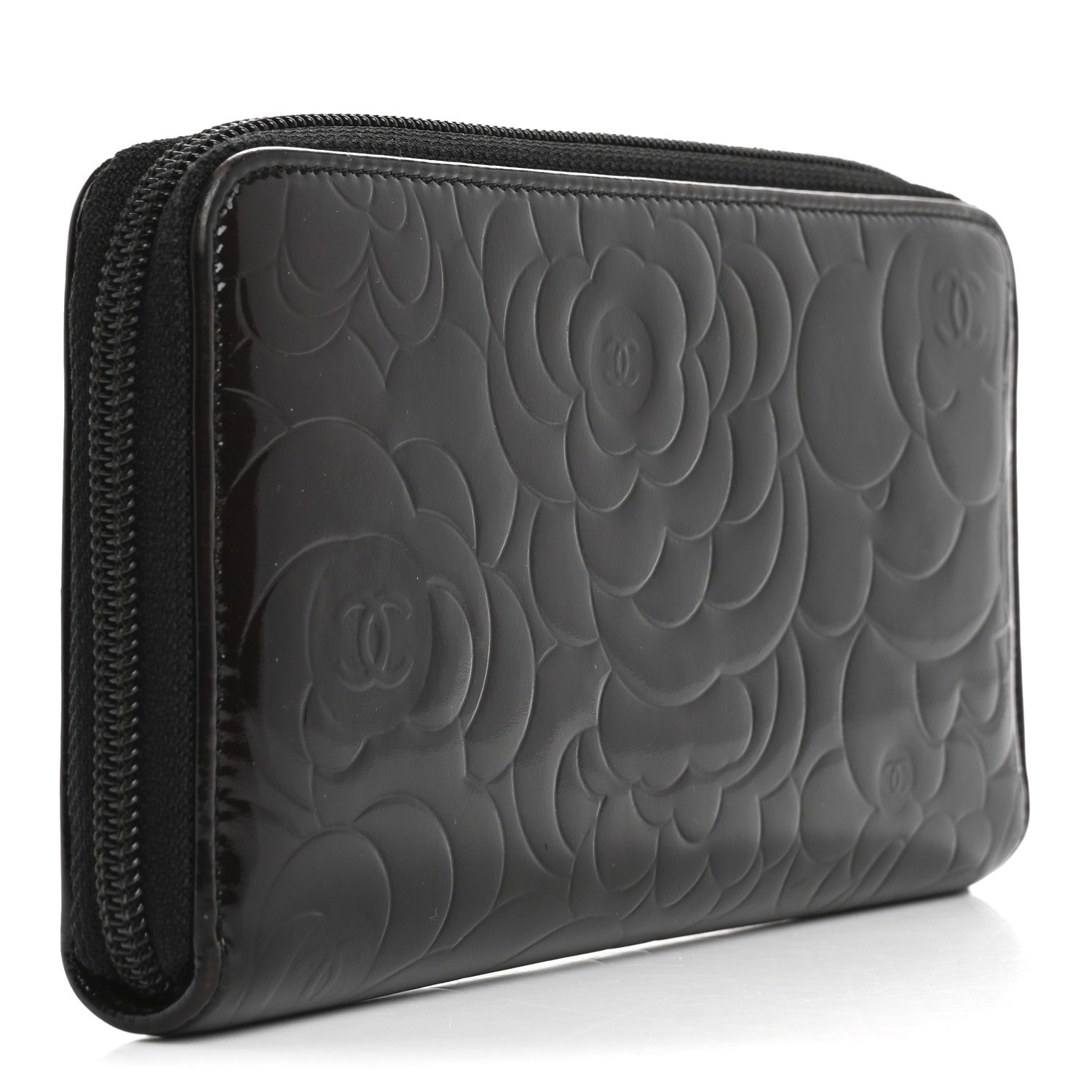Patent Camellia Embossed Large Zip Around Gusset Wallet Black