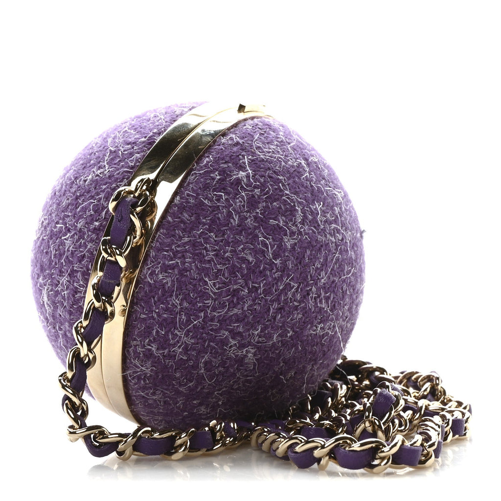 Tweed Minaudiere Round Chain Clutch Purple