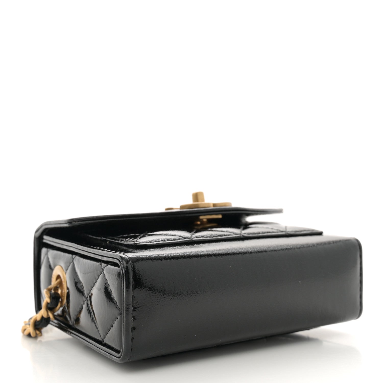 Shiny Lambskin Quilted Top Handle  Holder On Chain Black