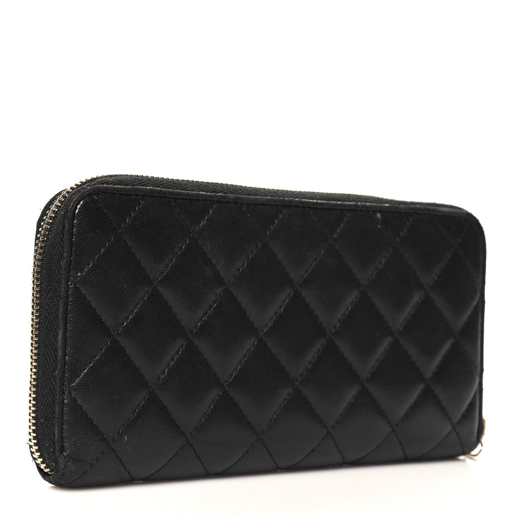 Lambskin Quilted Large Gusset Zip Around Wallet Black