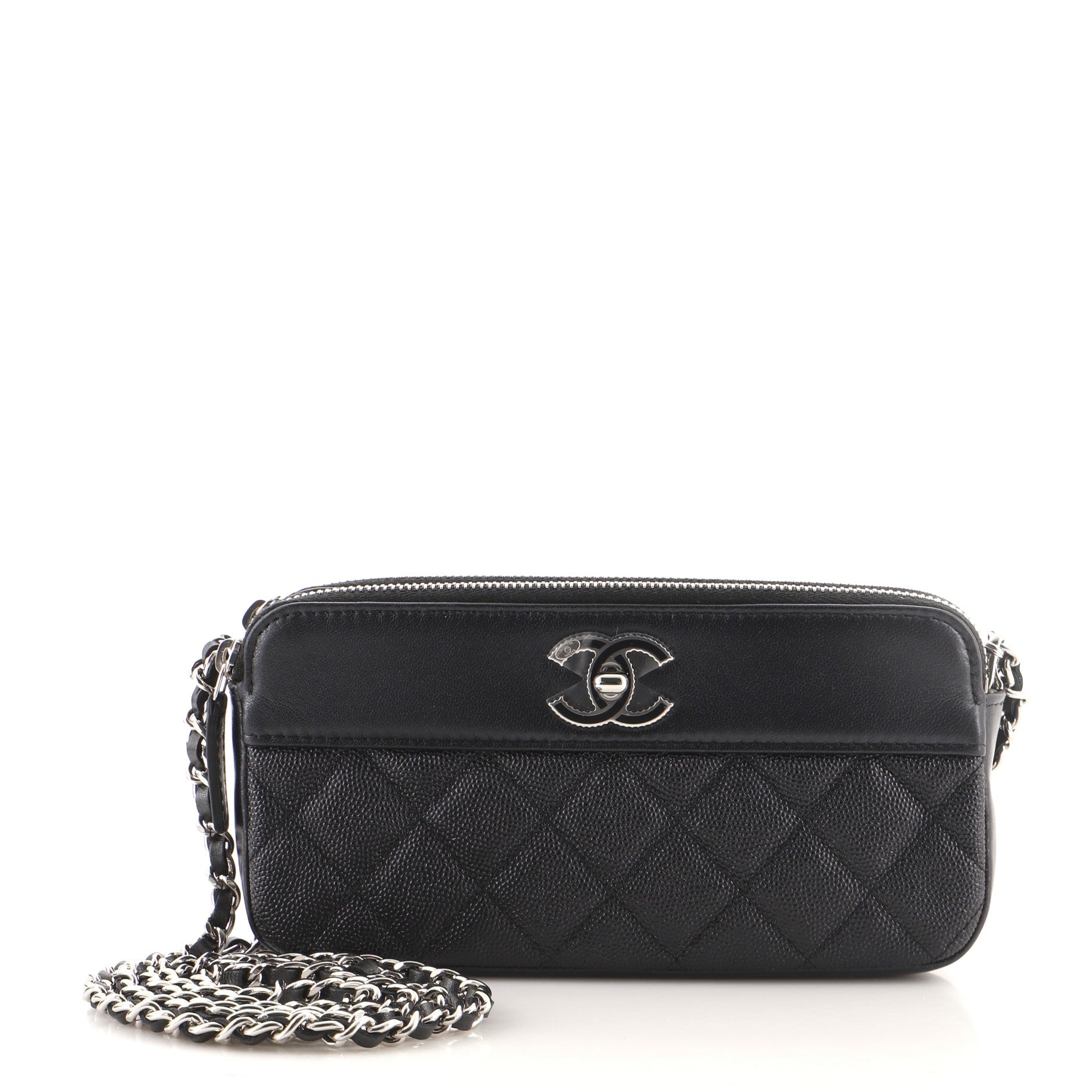 Mademoiselle Vintage Double Zip Clutch with Chain Quilted Caviar