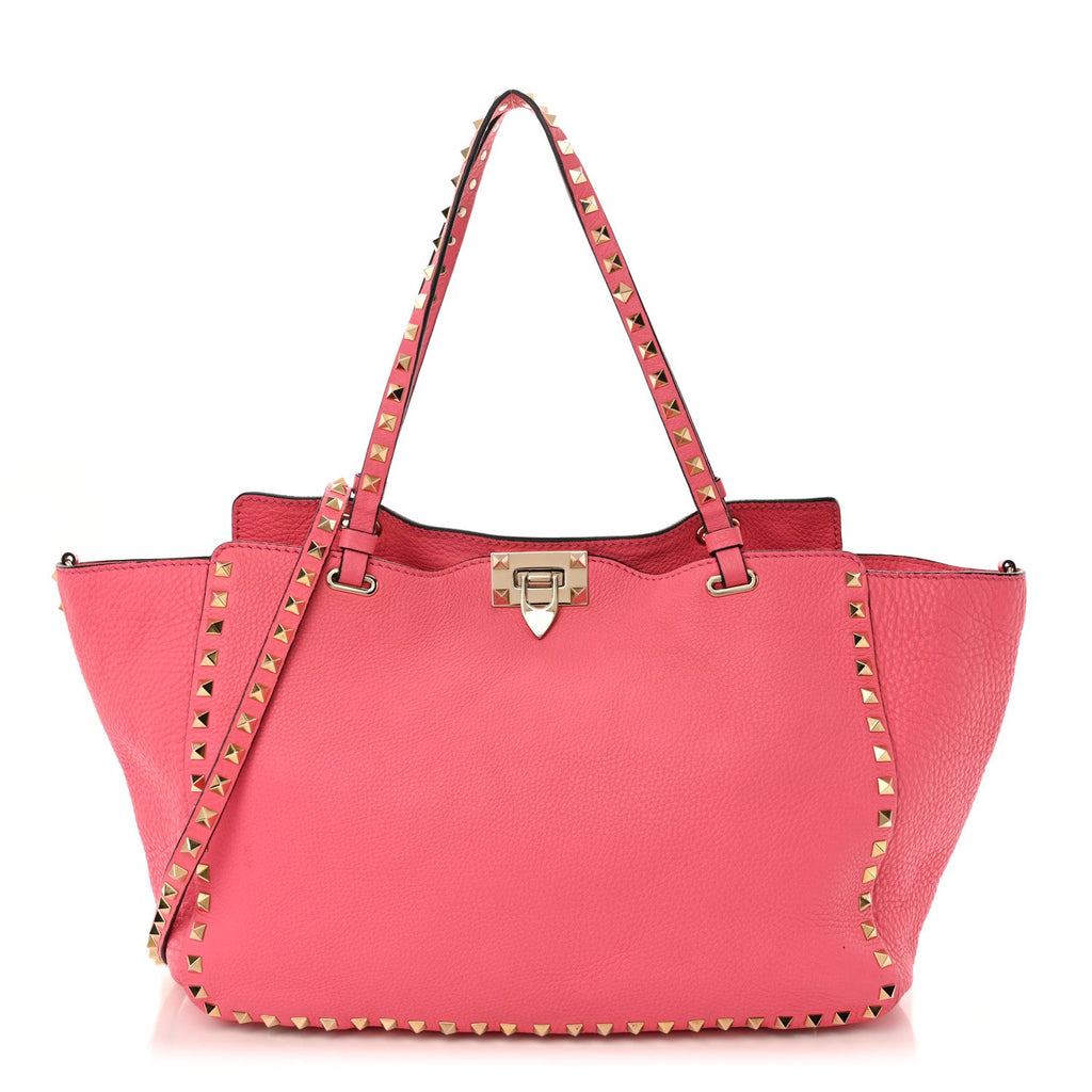 Pebbled Calfskin Medium Rockstud Tote Fuxia Fluo