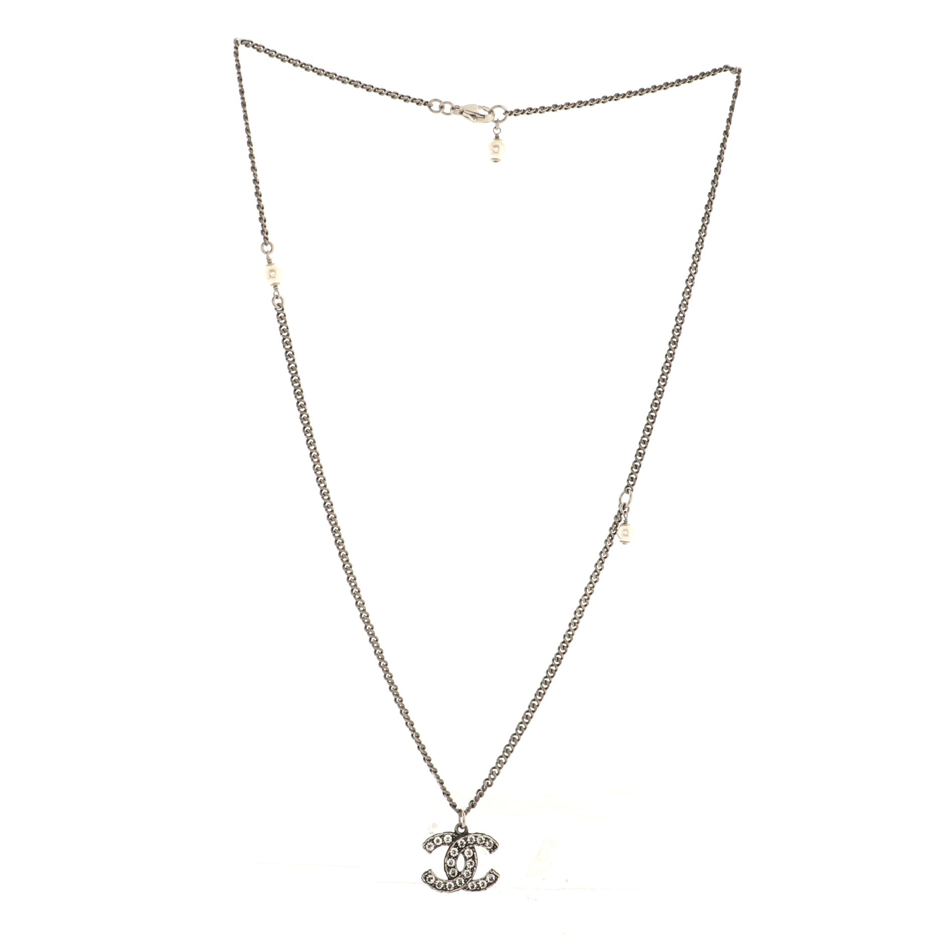 CC Pendant Necklace Metal with Crystals and Faux Pearls
