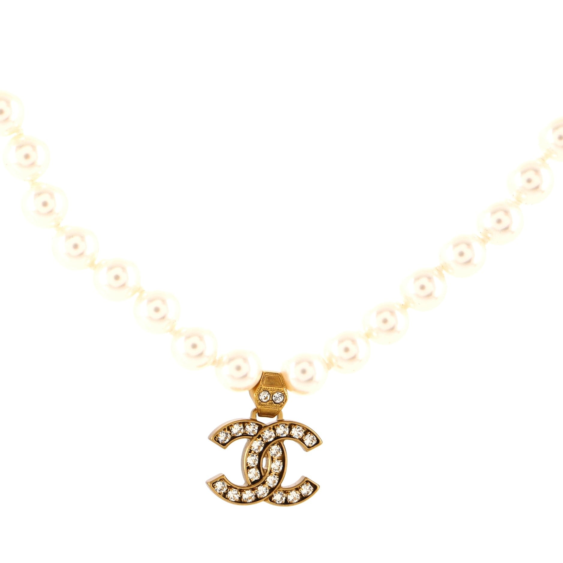 CC Pendant Short Necklace Faux Pearls and Metal with Crystals
